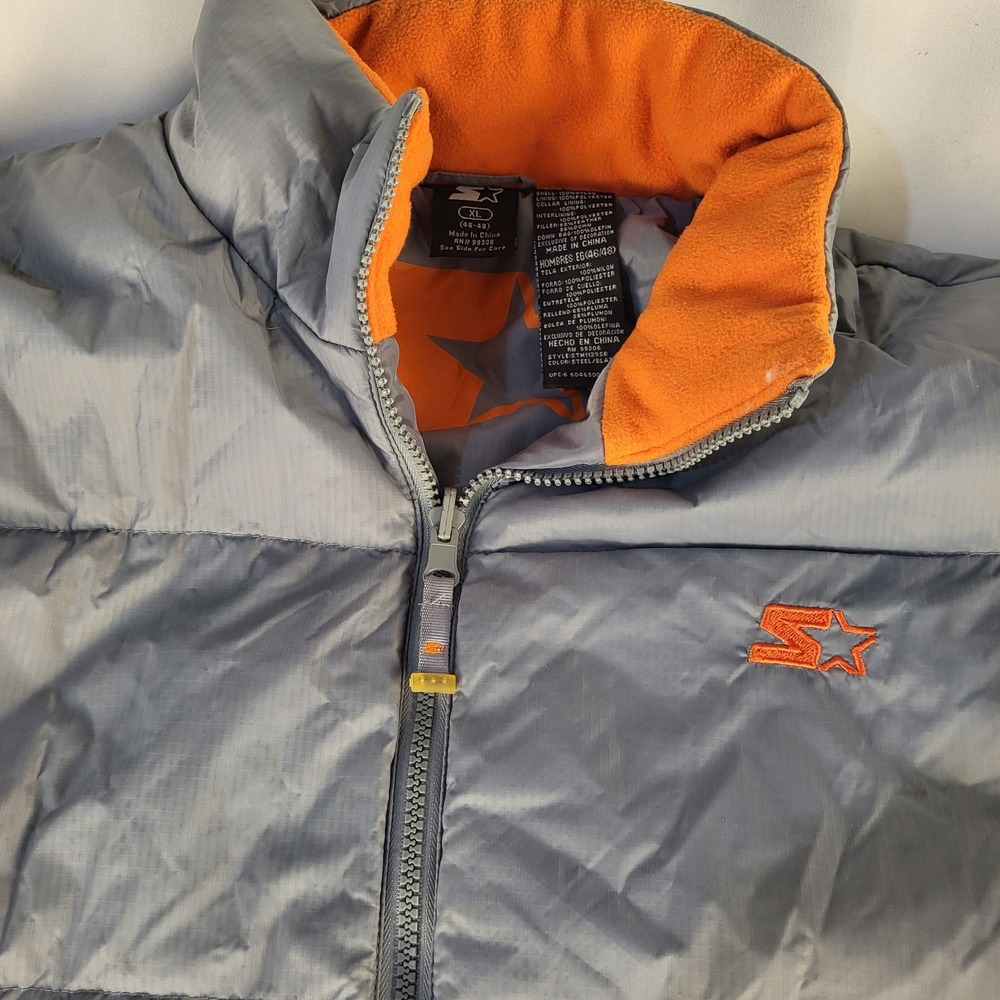 Vtg Starter Mens XL Down Full Zip Winter Jacket Coat Gray Orange 2 Pockets